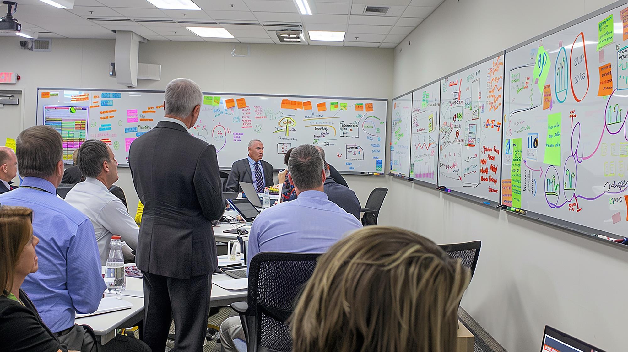 Advisory team reviewing performance indicators and development roadmaps for enterprises